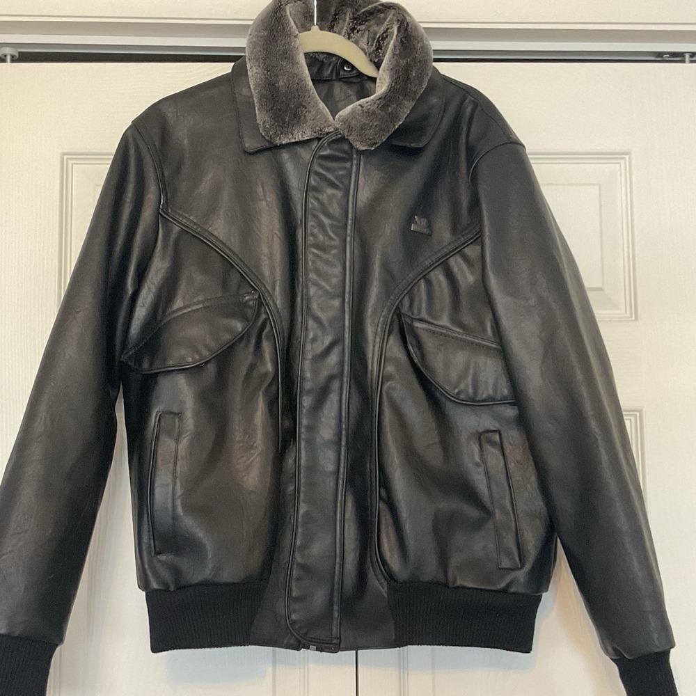 Men's M Genuine Leather Jacket Black Emporio & Co Medium Removable Collar Italy